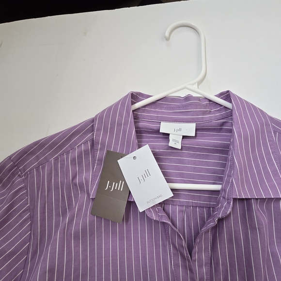 J. Jill Purple and White Pinstriped Top With Side Buttons Preppy Casual - Picture 10 of 13